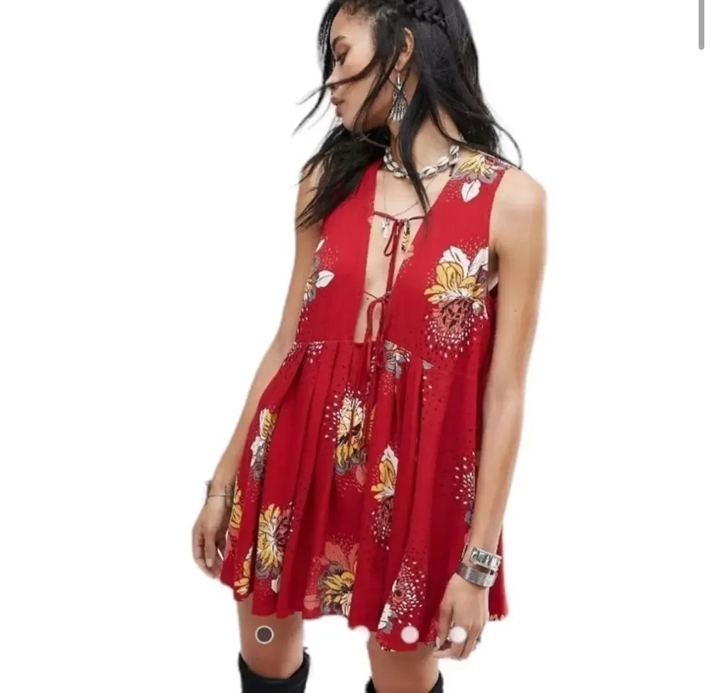 Free People Floral Sleeveless Dress M Red Yellow Boho Open Back Tie Festival